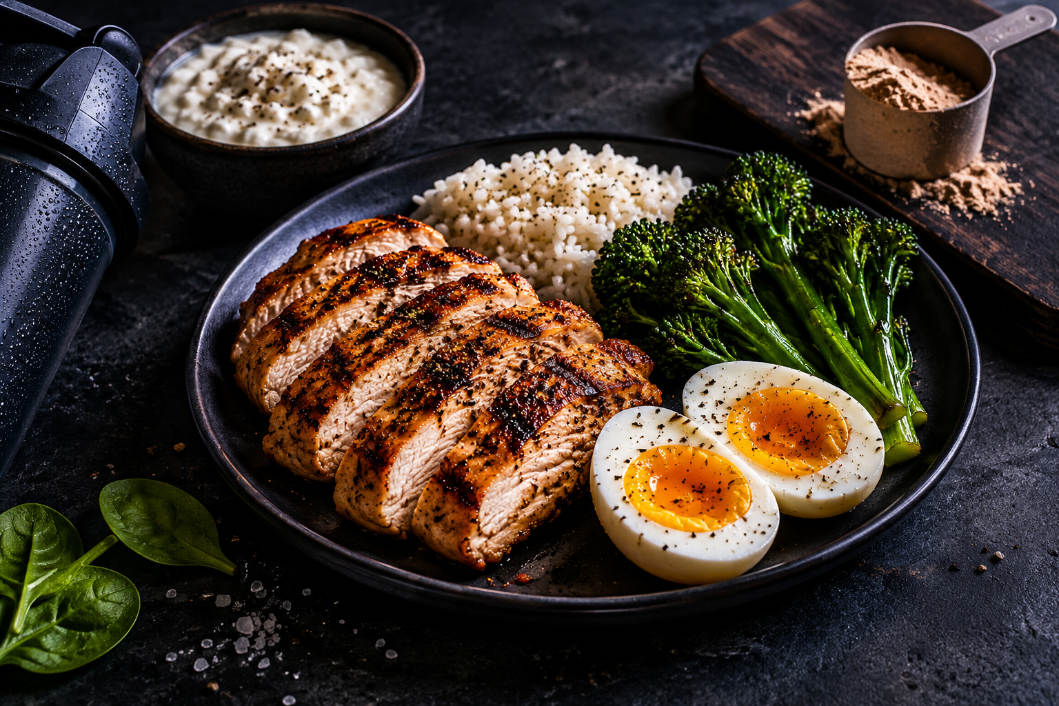 High protein meal with grilled chicken, eggs, rice and broccoli on a dark plate